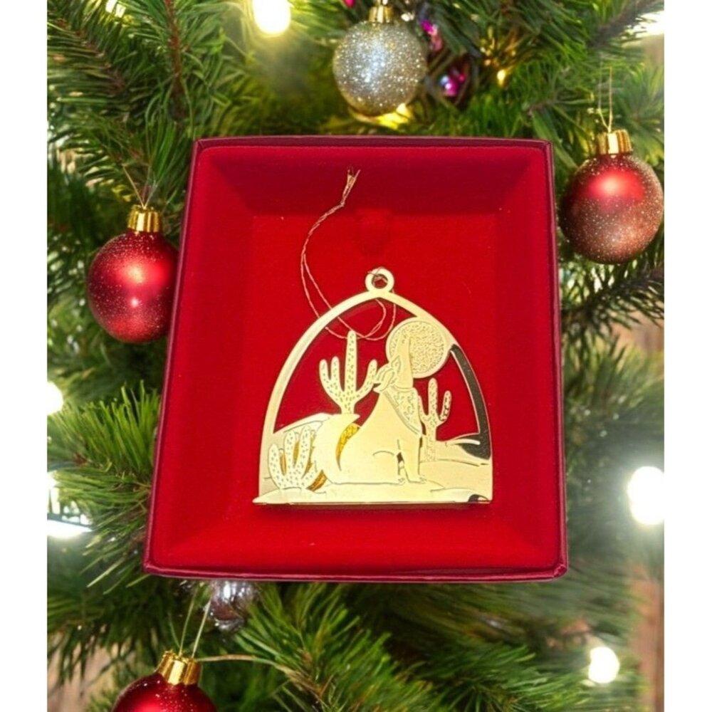 Southwest Coyote Cactus Scene Christmas Ornament 24K Gold Finish Tamerlane